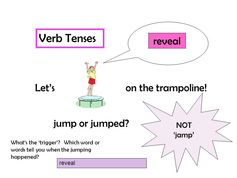 Verb Tenses jump reveal Let’s on the trampoline! jump or jumped