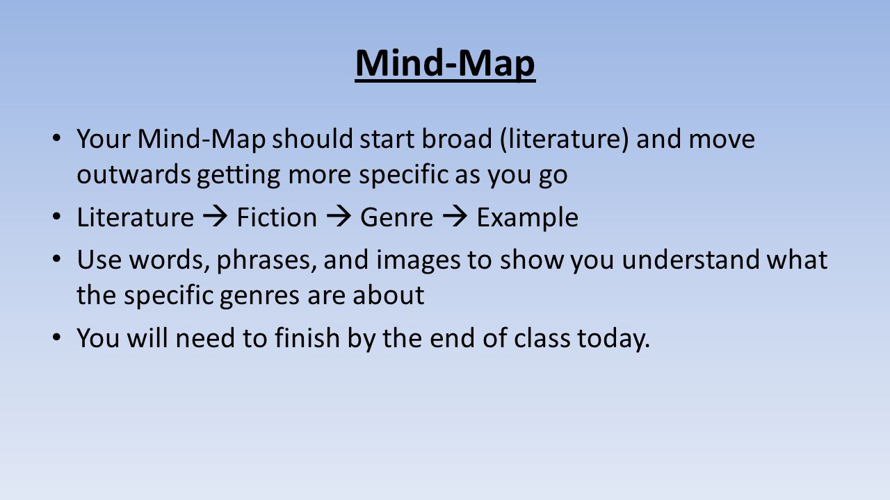 Mind-Map Your Mind-Map should start broad (literature) and move outwards getting more specific as you go.