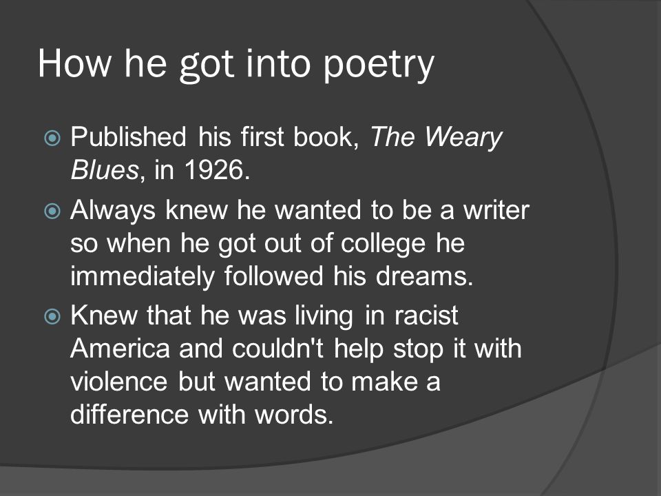 How he got into poetry Published his first book, The Weary Blues, in