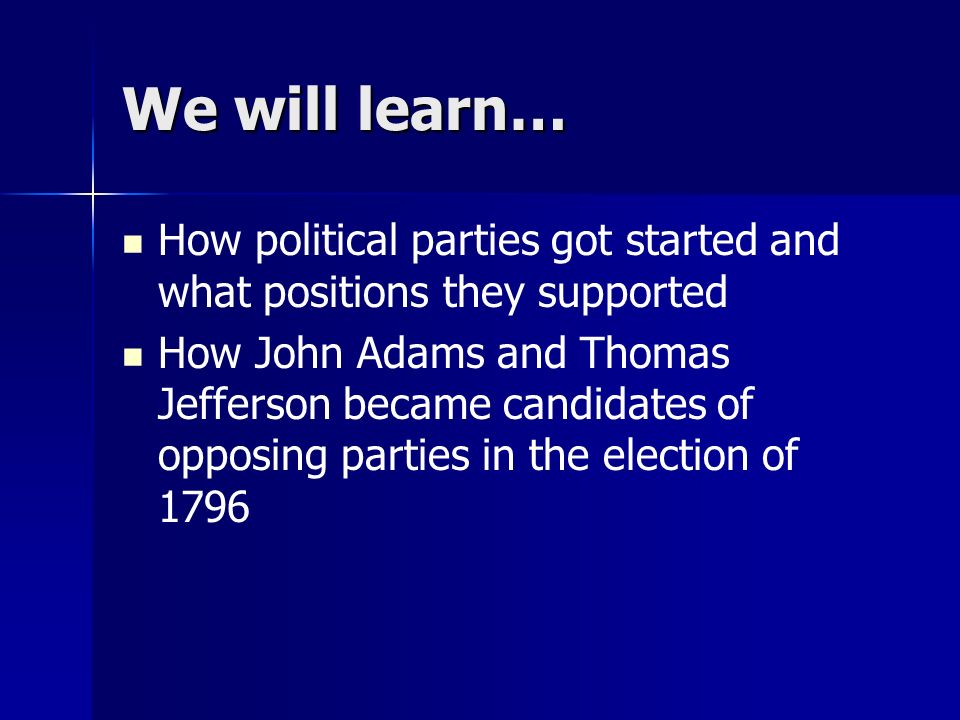 We will learn… How political parties got started and what positions they supported.