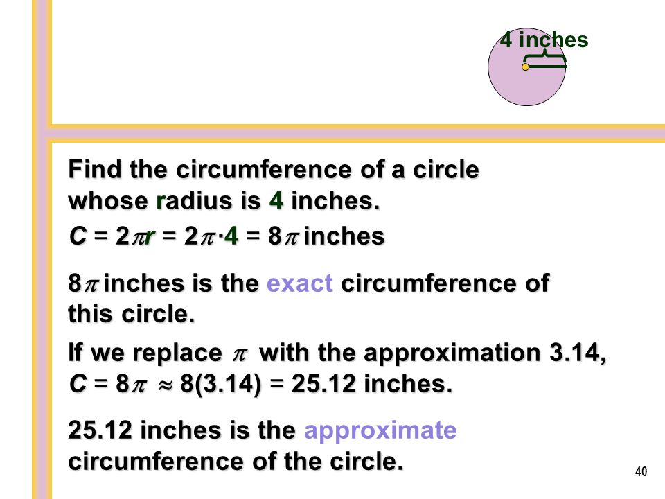 Find the circumference of a circle whose radius is 4 inches.