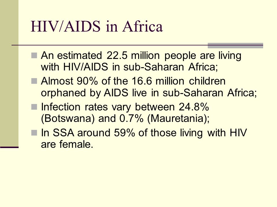 HIV/AIDS in Africa An estimated 22.5 million people are living with HIV/AIDS in sub-Saharan Africa;