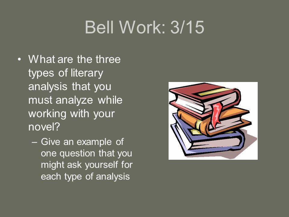 Bell Work: 3/15 What are the three types of literary analysis that you must analyze while working with your novel