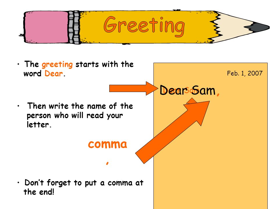 Greeting Dear Sam, comma , The greeting starts with the word Dear.