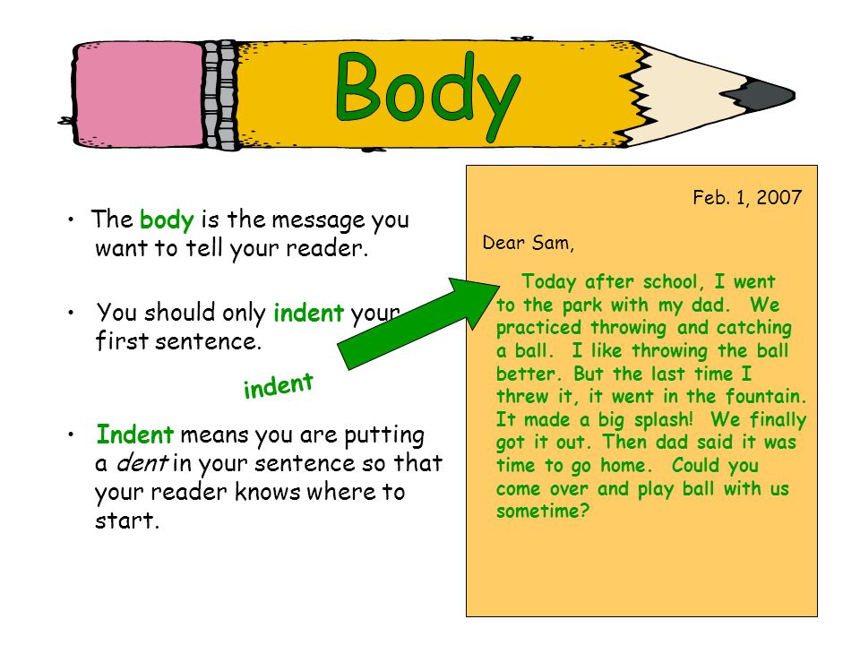 Body The body is the message you want to tell your reader.