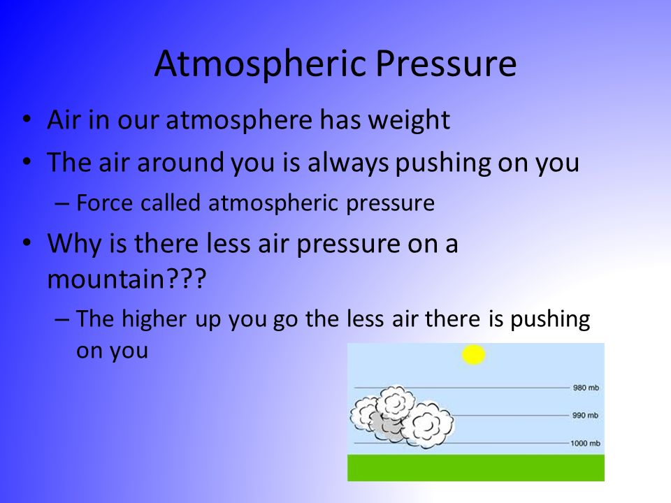 Atmospheric Pressure Air in our atmosphere has weight