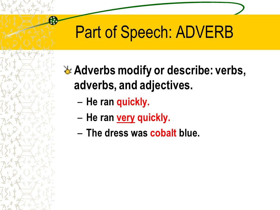 Part of Speech: ADVERB Adverbs modify or describe: verbs, adverbs, and adjectives. He ran quickly.