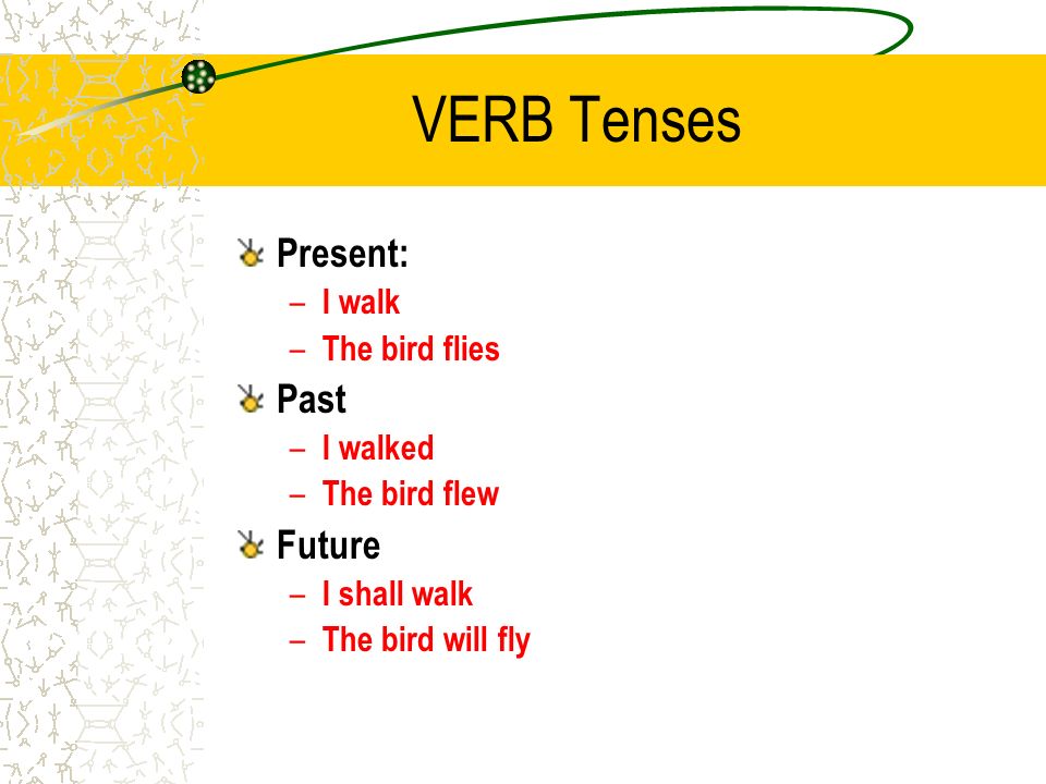 VERB Tenses Present: Past Future I walk The bird flies I walked