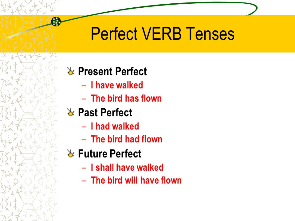 Perfect VERB Tenses Present Perfect Past Perfect Future Perfect