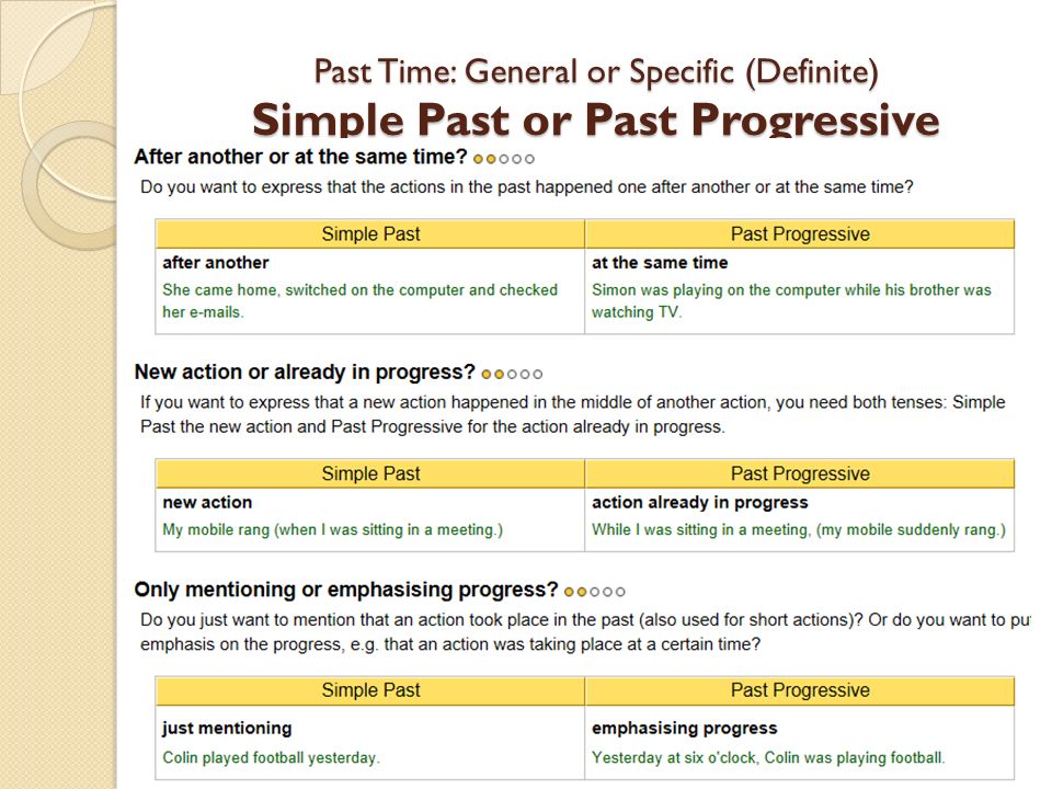 Past Time: General or Specific (Definite) Simple Past or Past Progressive