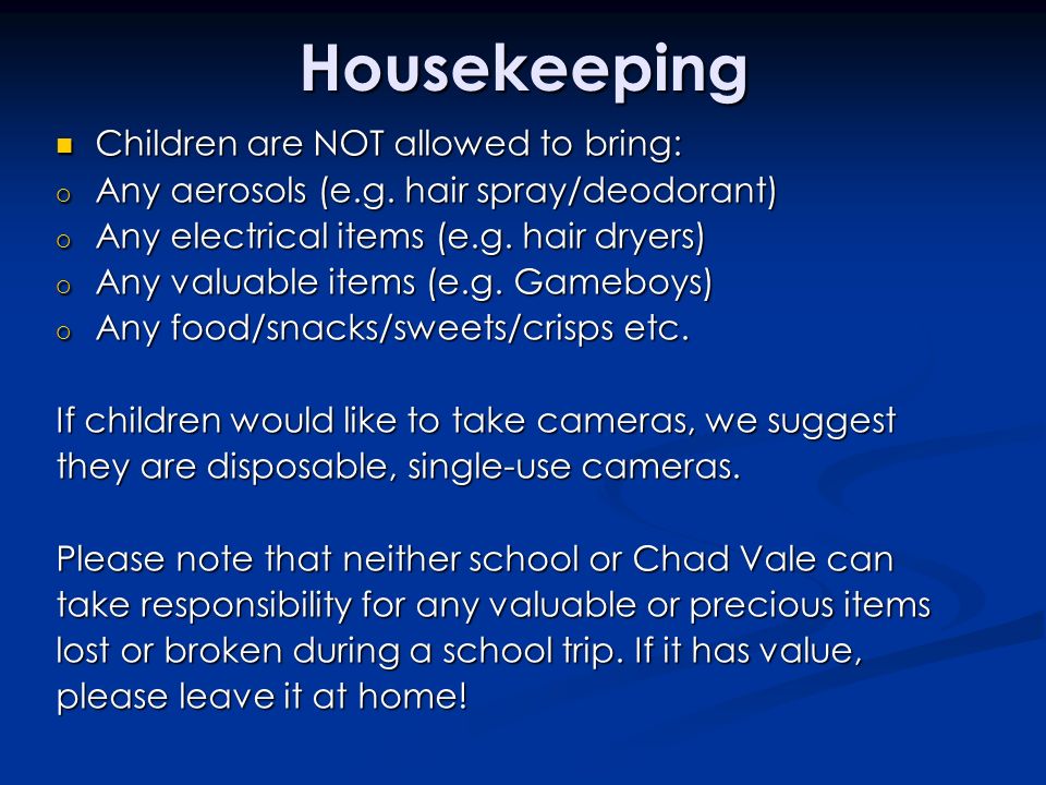 Housekeeping Children are NOT allowed to bring: