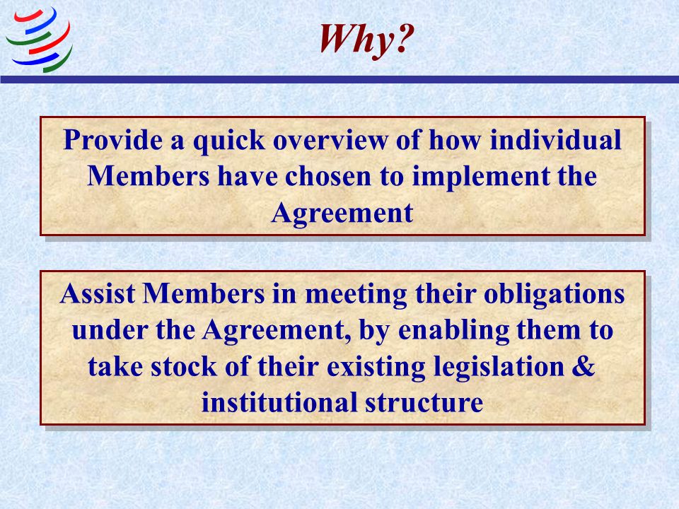 Why Provide a quick overview of how individual Members have chosen to implement the Agreement.