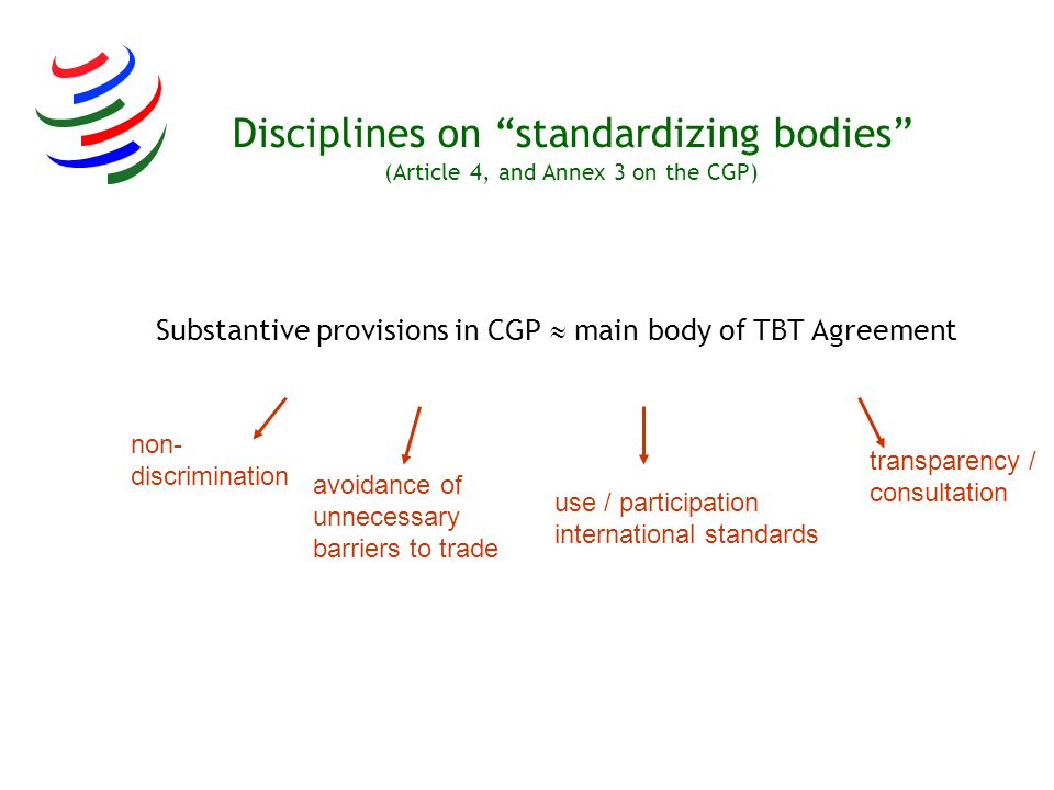 Disciplines on standardizing bodies (Article 4, and Annex 3 on the CGP)
