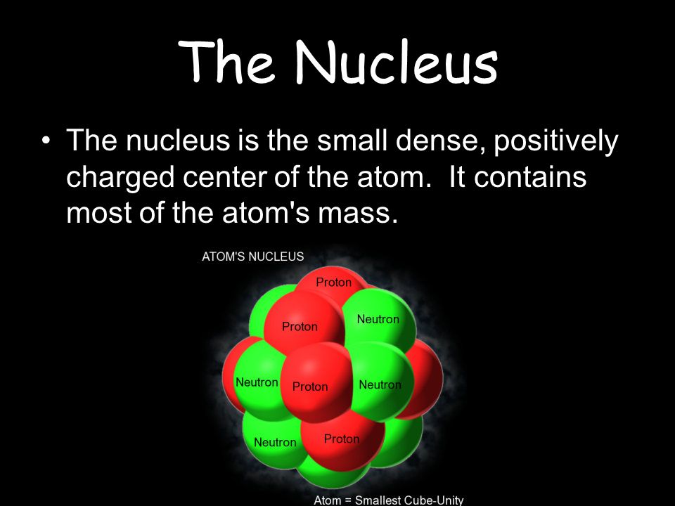 The Nucleus The nucleus is the small dense, positively charged center of the atom.