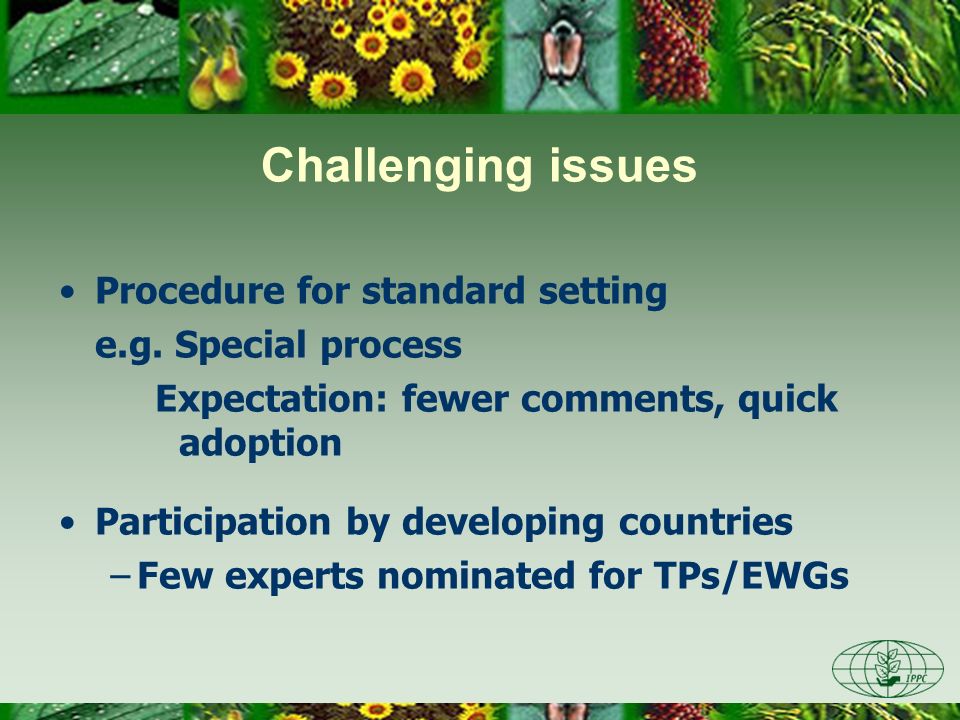 Challenging issues Procedure for standard setting e.g. Special process