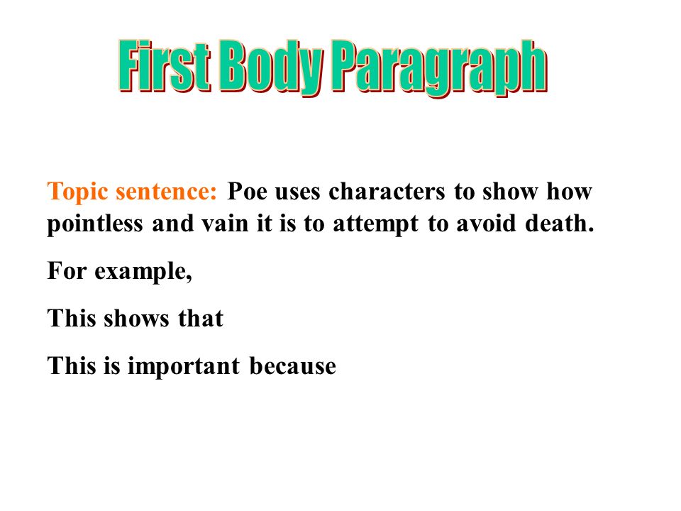 First Body Paragraph Topic sentence: Poe uses characters to show how pointless and vain it is to attempt to avoid death.