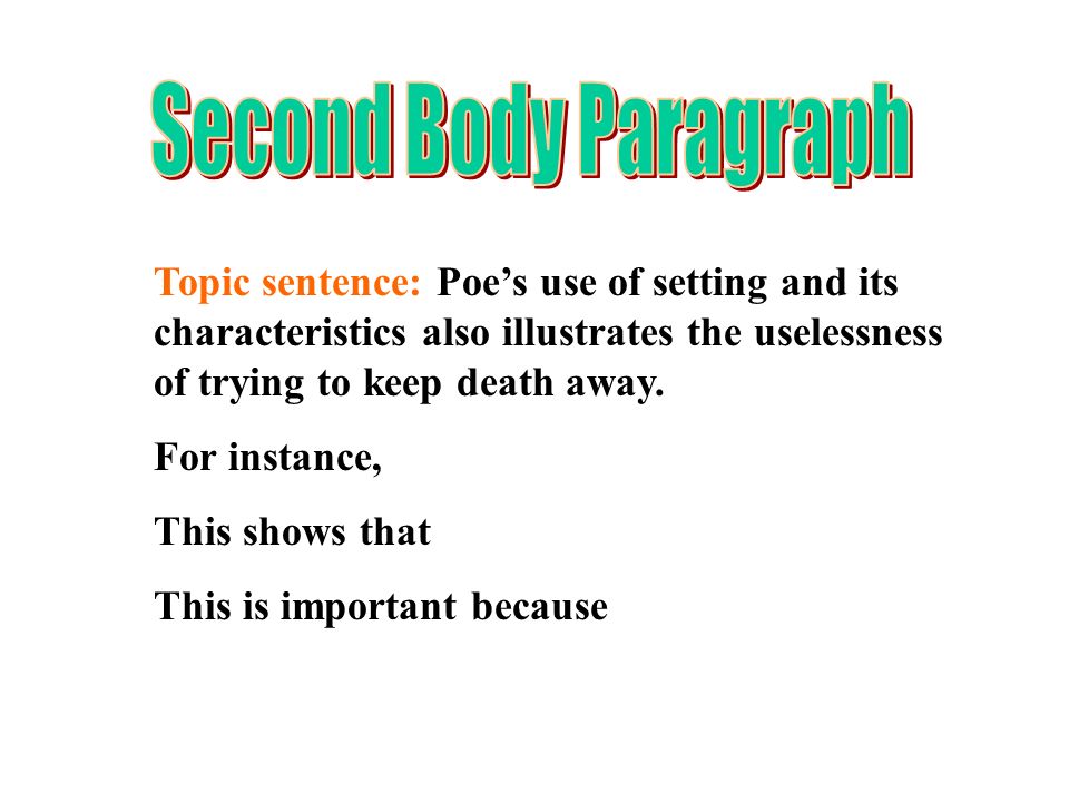Second Body Paragraph Topic sentence: Poe’s use of setting and its characteristics also illustrates the uselessness of trying to keep death away.