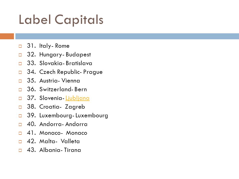 Label Capitals 31. Italy- Rome 32. Hungary- Budapest