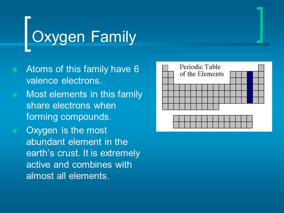 Oxygen Family Atoms of this family have 6 valence electrons.