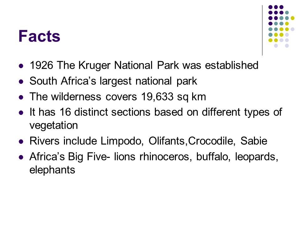 Facts 1926 The Kruger National Park was established