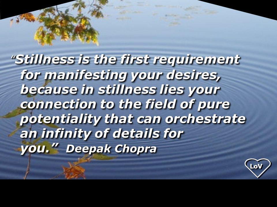 Stillness is the first requirement for manifesting your desires, because in stillness lies your connection to the field of pure potentiality that can orchestrate an infinity of details for you. Deepak Chopra