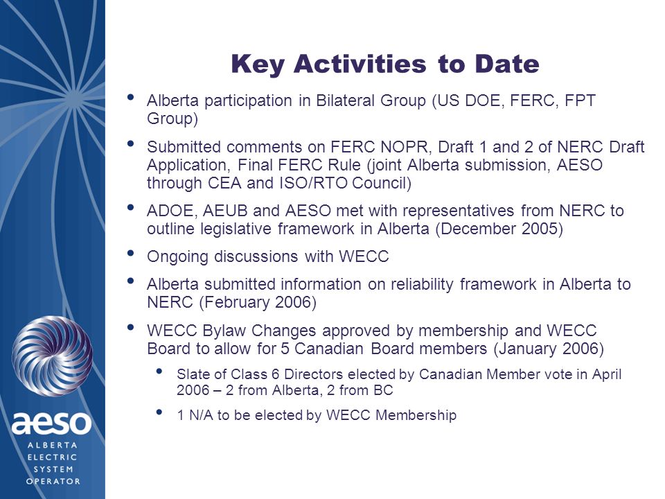 Key Activities to Date Alberta participation in Bilateral Group (US DOE, FERC, FPT Group)
