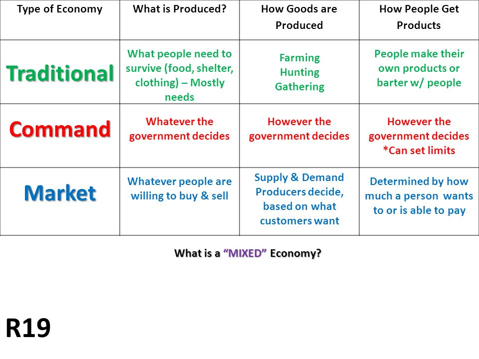 R19 Traditional Command Market Type of Economy What is Produced