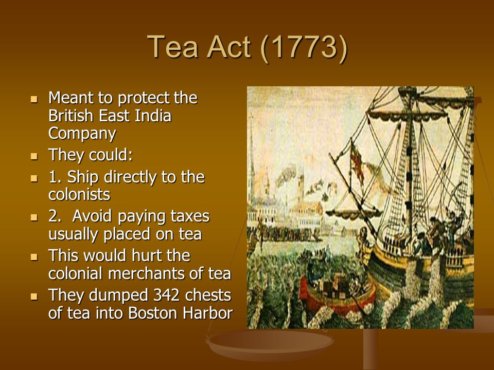 Tea Act (1773) Meant to protect the British East India Company