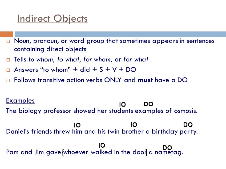 Indirect Objects Noun, pronoun, or word group that sometimes appears in sentences containing direct objects.