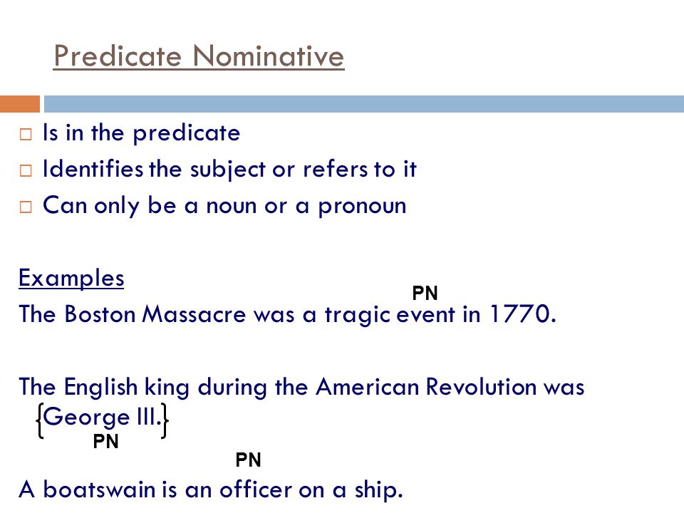 Predicate Nominative Is in the predicate