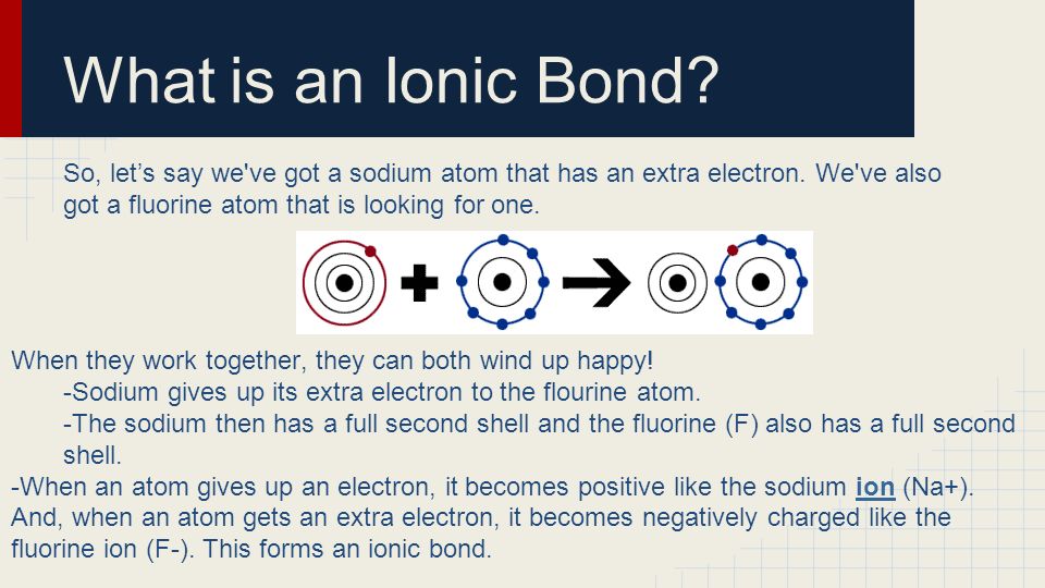 What is an Ionic Bond So, let’s say we ve got a sodium atom that has an extra electron. We ve also got a fluorine atom that is looking for one.