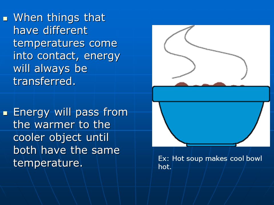 When things that have different temperatures come into contact, energy will always be transferred.
