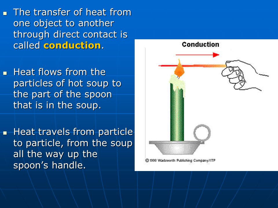 The transfer of heat from one object to another through direct contact is called conduction.