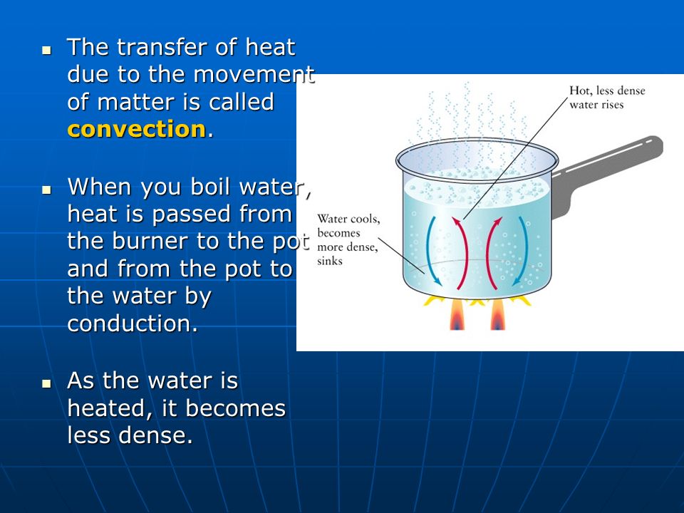 The transfer of heat due to the movement of matter is called convection.
