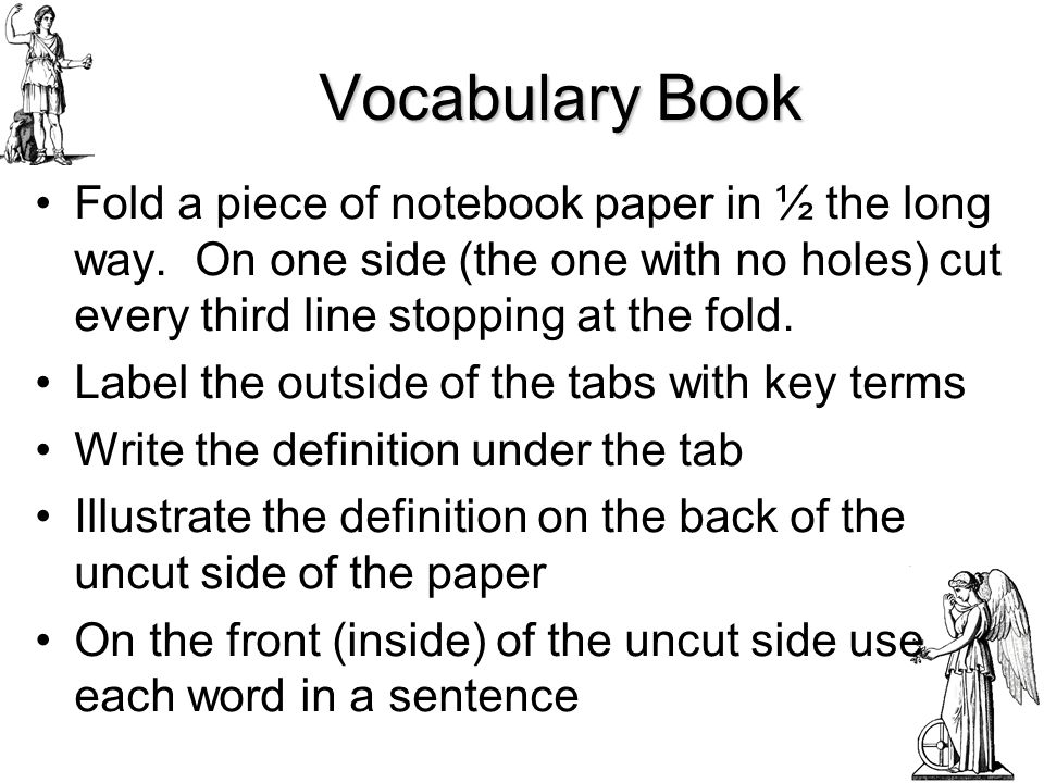 Vocabulary Book Fold a piece of notebook paper in ½ the long way. On one side (the one with no holes) cut every third line stopping at the fold.