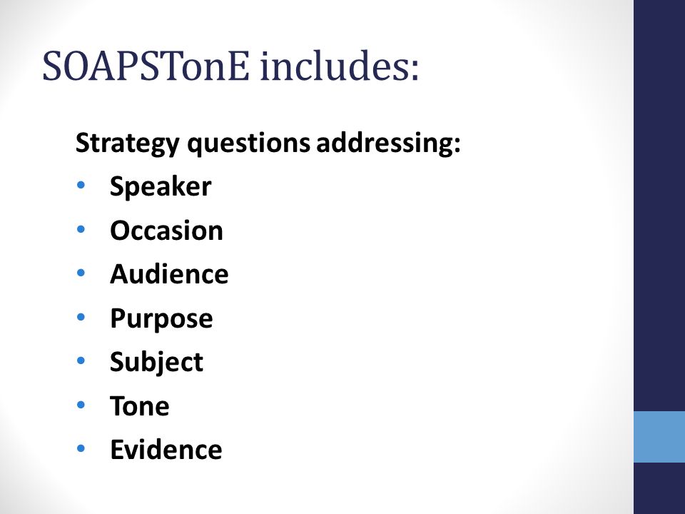 SOAPSTonE includes: Strategy questions addressing: Speaker Occasion