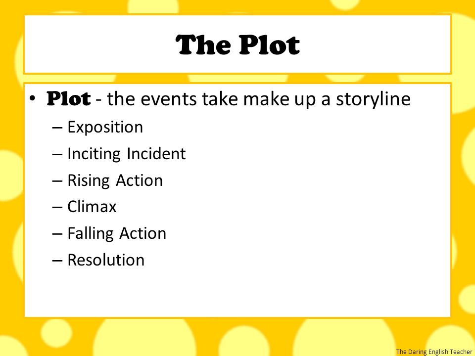 The Plot Plot - the events take make up a storyline Exposition