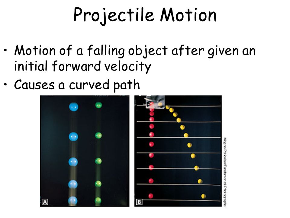 Projectile Motion Motion of a falling object after given an initial forward velocity.