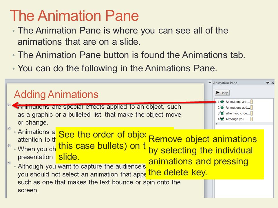 The Animation Pane The Animation Pane is where you can see all of the animations that are on a slide.