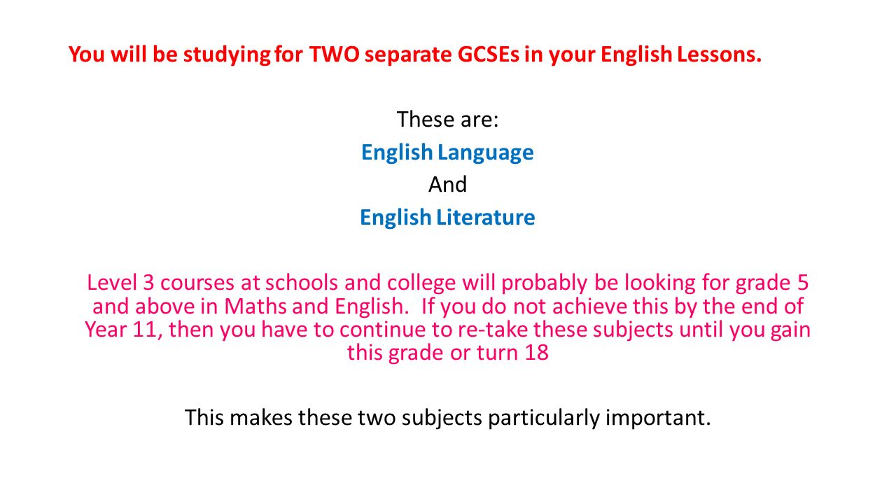 You will be studying for TWO separate GCSEs in your English Lessons