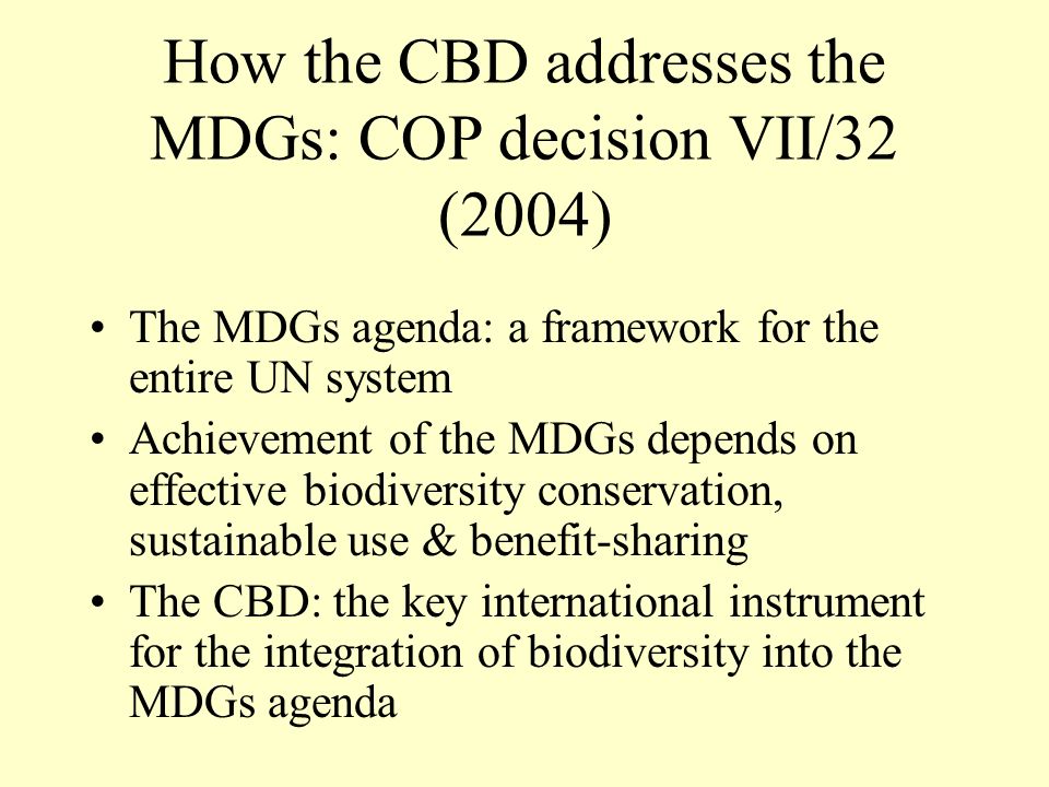 How the CBD addresses the MDGs: COP decision VII/32 (2004)