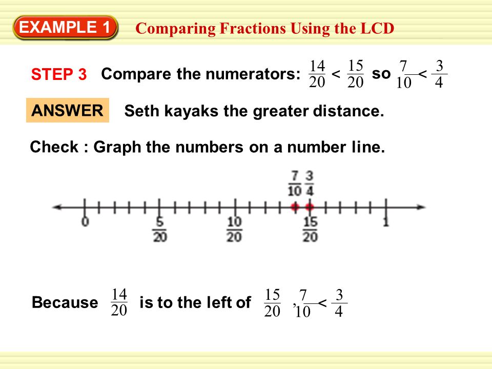 EXAMPLE 1 Comparing Fractions Using the LCD. STEP 3. < Compare the numerators: