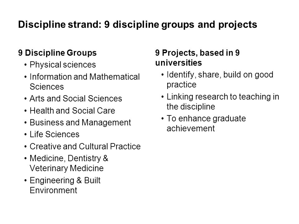Discipline strand: 9 discipline groups and projects