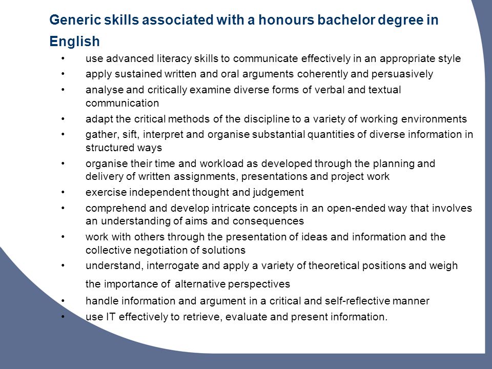 Generic skills associated with a honours bachelor degree in English