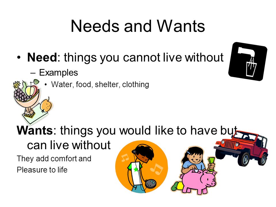 Needs and Wants Need: things you cannot live without