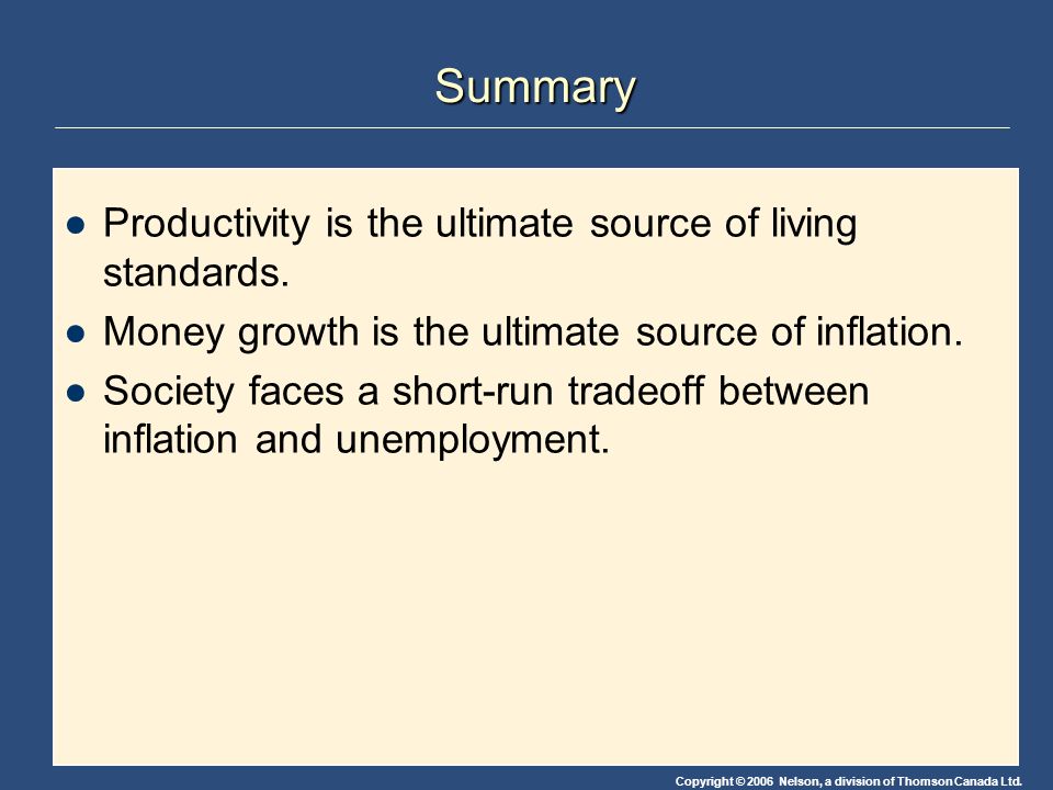 Summary Productivity is the ultimate source of living standards.