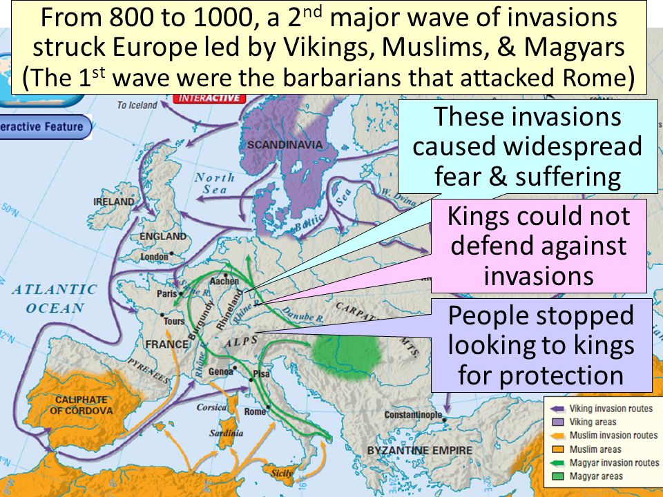 From 800 to 1000, a 2nd major wave of invasions struck Europe led by Vikings, Muslims, & Magyars (The 1st wave were the barbarians that attacked Rome)