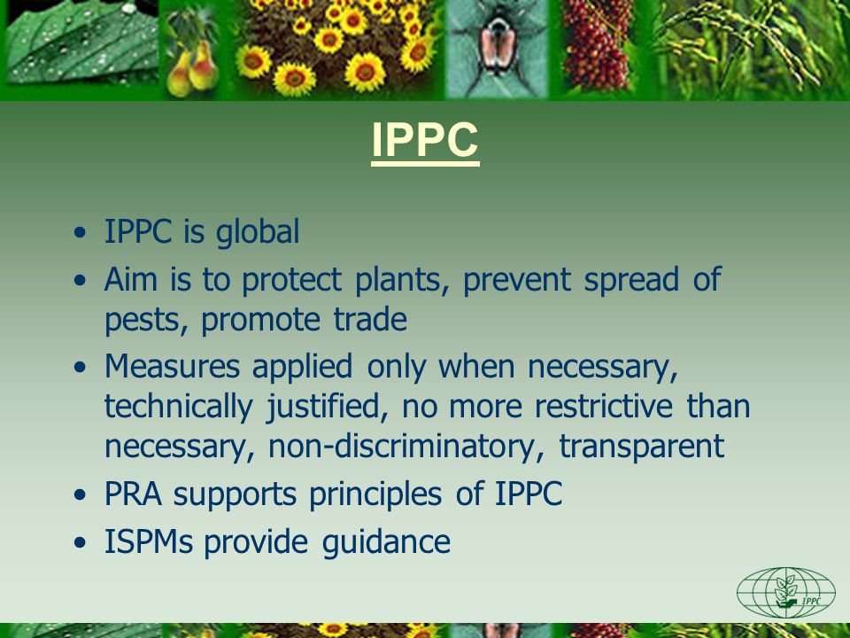 Day One 3/28/2017. IPPC. IPPC is global. Aim is to protect plants, prevent spread of pests, promote trade.