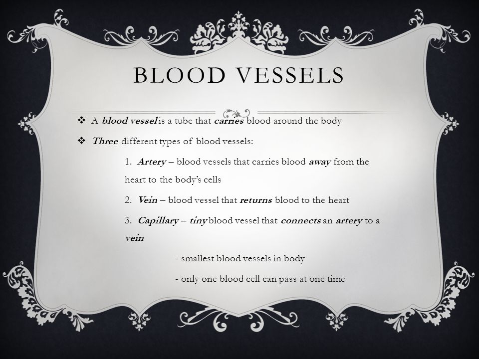 Blood vessels A blood vessel is a tube that carries blood around the body. Three different types of blood vessels: