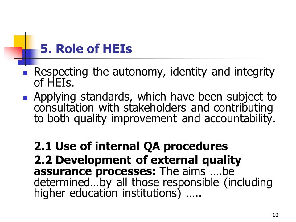 5. Role of HEIs Respecting the autonomy, identity and integrity of HEIs.